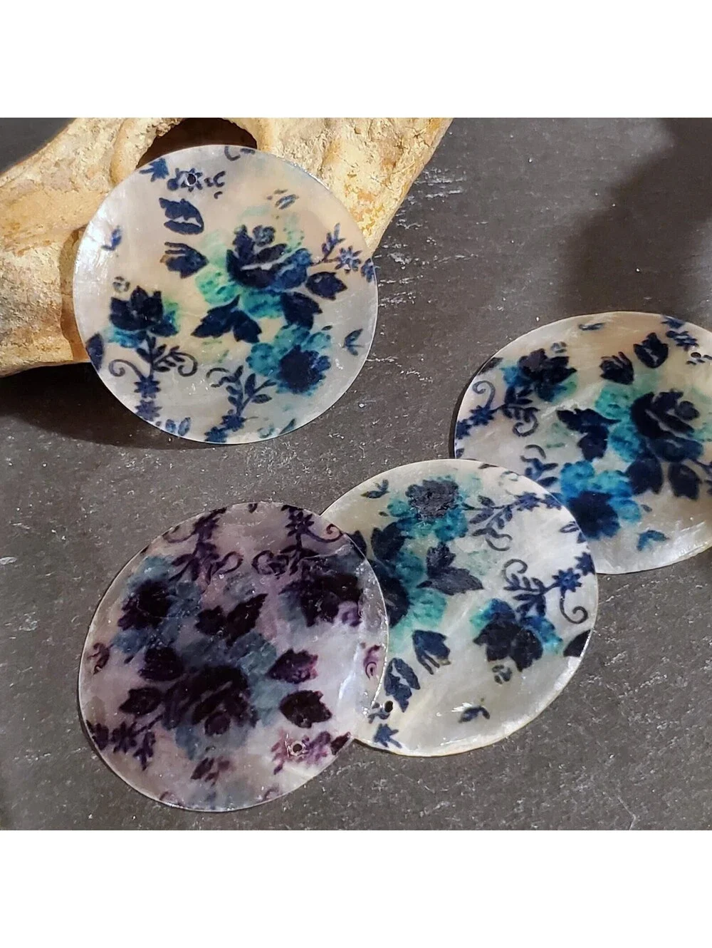 Black & Blue Roses 50mm Capiz Shell Pendant Focal Bead